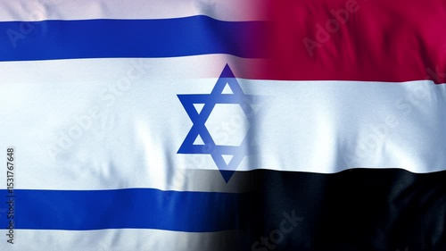 FLAGS OF THE COUNTRIES ISRAEL AND YEMEN. A mesmerizing, ultra-slow-motion video of a high-quality flag gracefully waving in the wind, capturing every delicate ripple and fold in stunning detail.