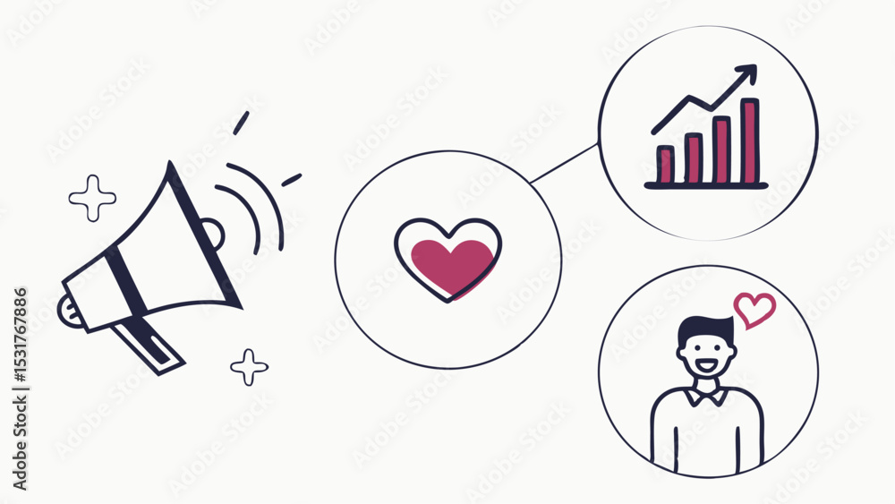 Obraz premium Illustration showing a megaphone, heart, graph, and a smiling man with a heart above his head