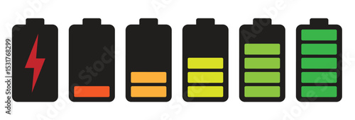 Battery charging indicator icon in white background. Fully charged and discharged battery in 0 to 100 % level icon. Vector illustration.