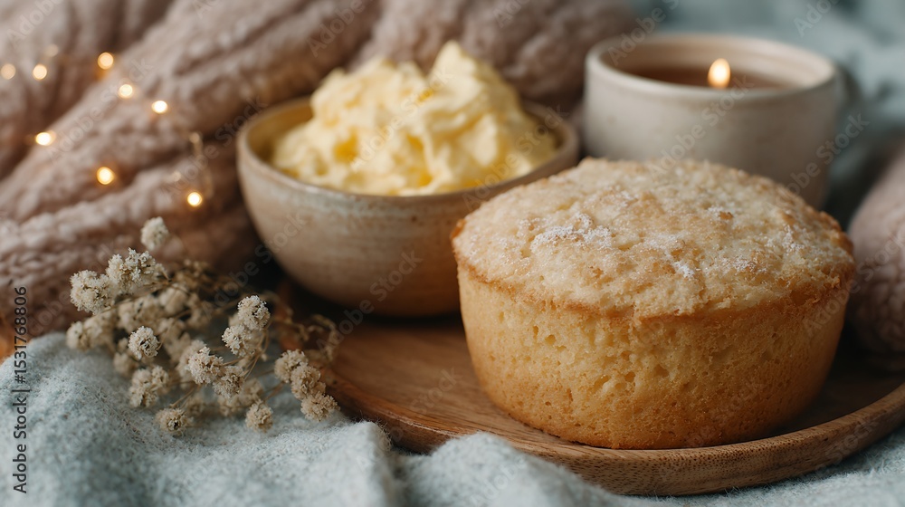 Fototapeta premium A plate of a small cake with a bowl of butter