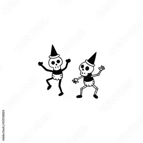 cartoon dancing skeleton crew with hats on white 