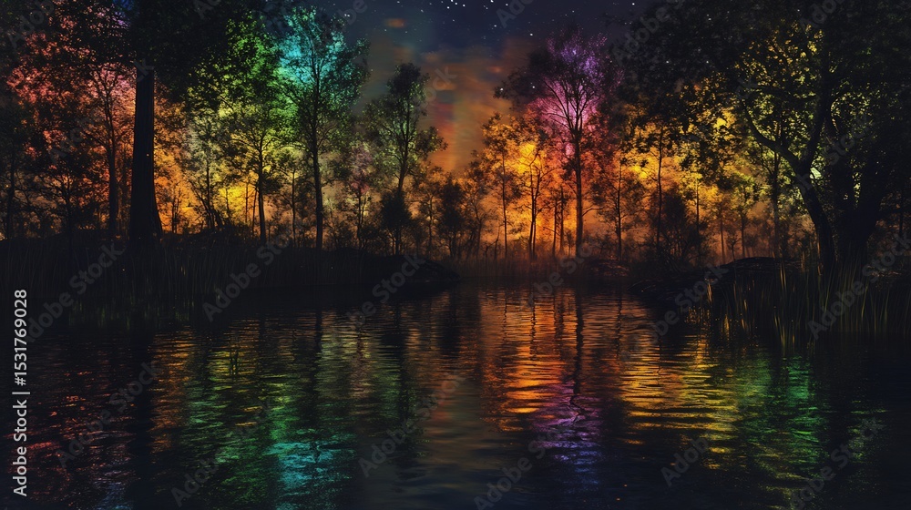 Obraz premium Captivating fantasy setting where the night sky glows with shifting rainbow hues reflecting on a calm and ethereal lake