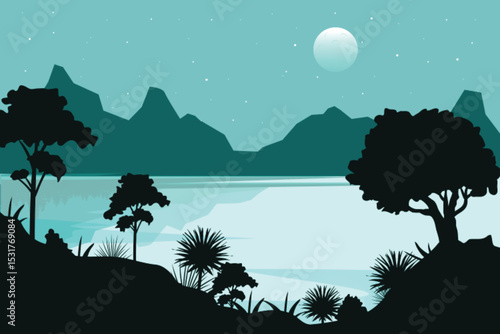 Hand drawn nature landscape lake scenery