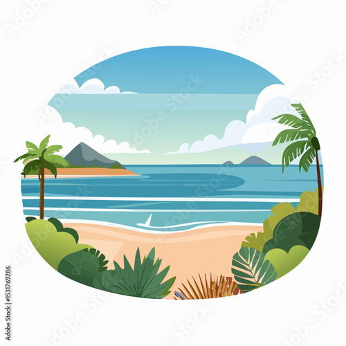 Serene Tropical Beach Landscape Idyllic Ocean View with Palm Trees and Lush Vegetation
