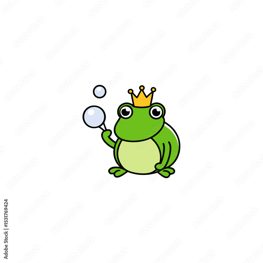 Obraz premium cartoon frog prince blowing bubbles on white