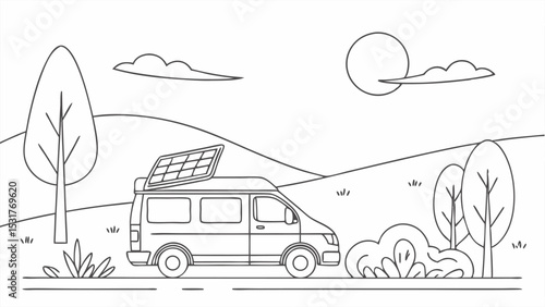 Illustration of a camper van with a solar panel on top driving through a landscape with trees and hills