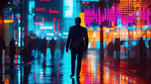 Silhouette of a businessman walking in a futuristic city with financial data overlay