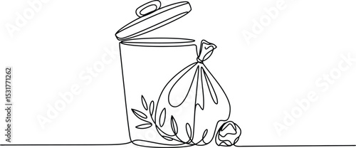Continuous one line drawing of dust bin  and plastic bag, Single line vector illustration