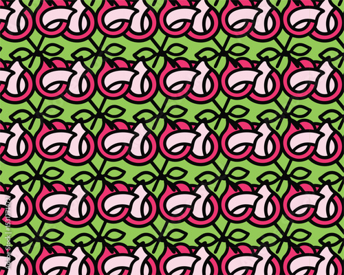 Seamless pattern with red apples, cherries, and floral vintage decoration