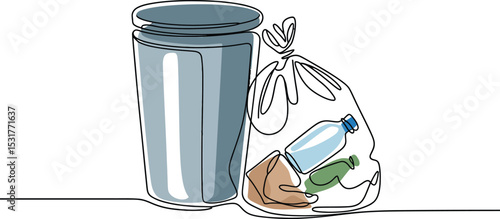 Continuous one line drawing of dust bin and plastic trash bag