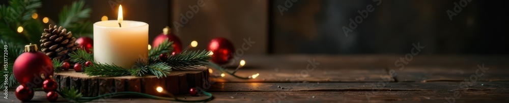White candle burns amidst Christmas decor on rustic wood Dark background , ornament, background White candle burns amidst Christmas decor on rustic wood Dark background , ornament, background