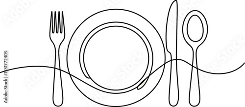Continuous one line drawing of knife, plate, spoon
