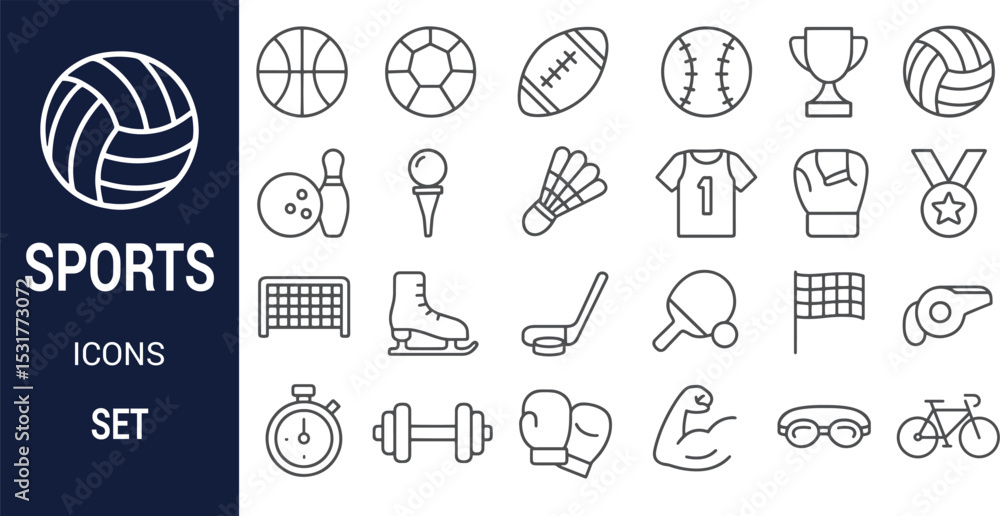 Fototapeta premium Collection of Line Icons Representing Various Sports and Sporting Equipment