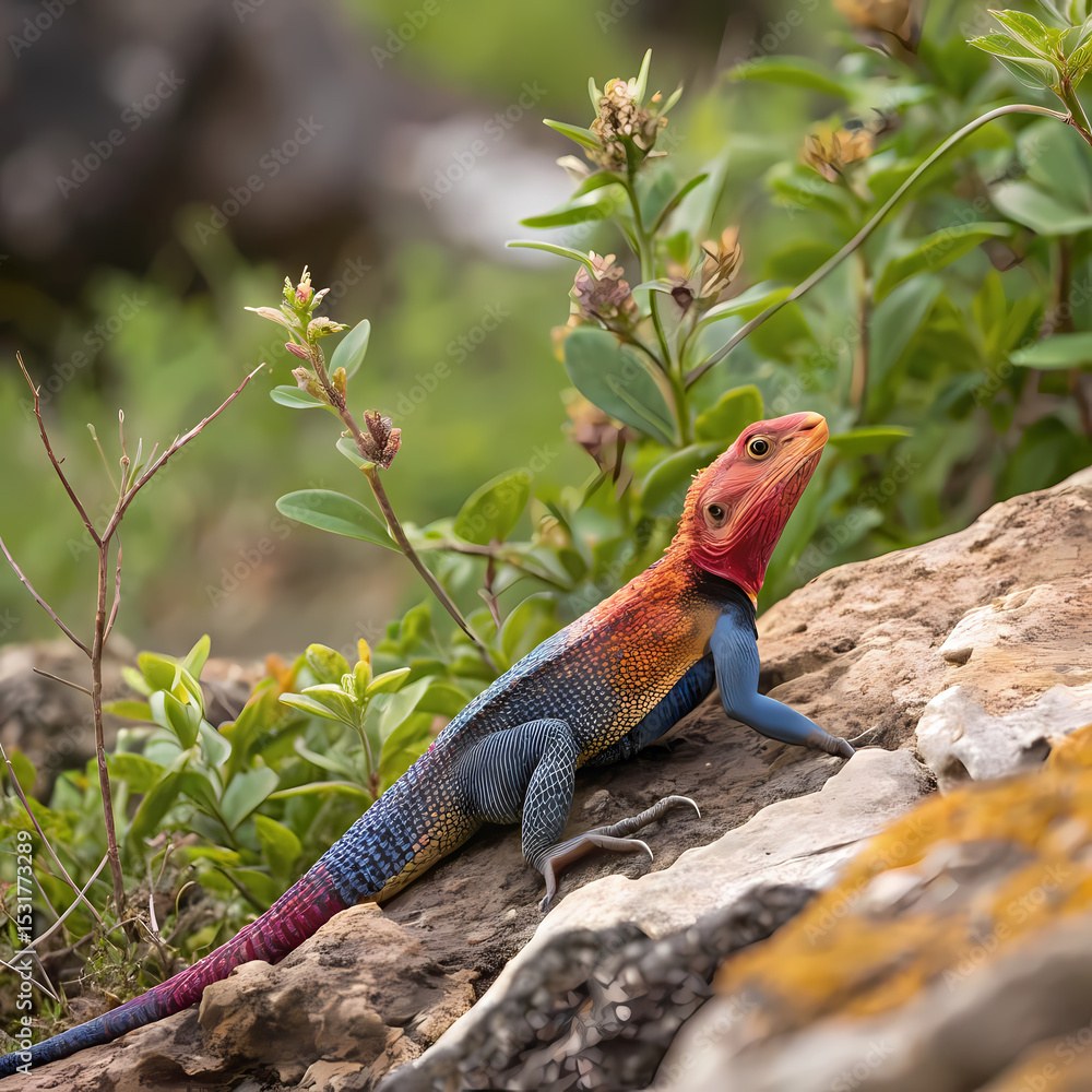 Obraz premium Vibrant Red & Blue Agama Lizard on Rocks: Stunning Wildlife Photography