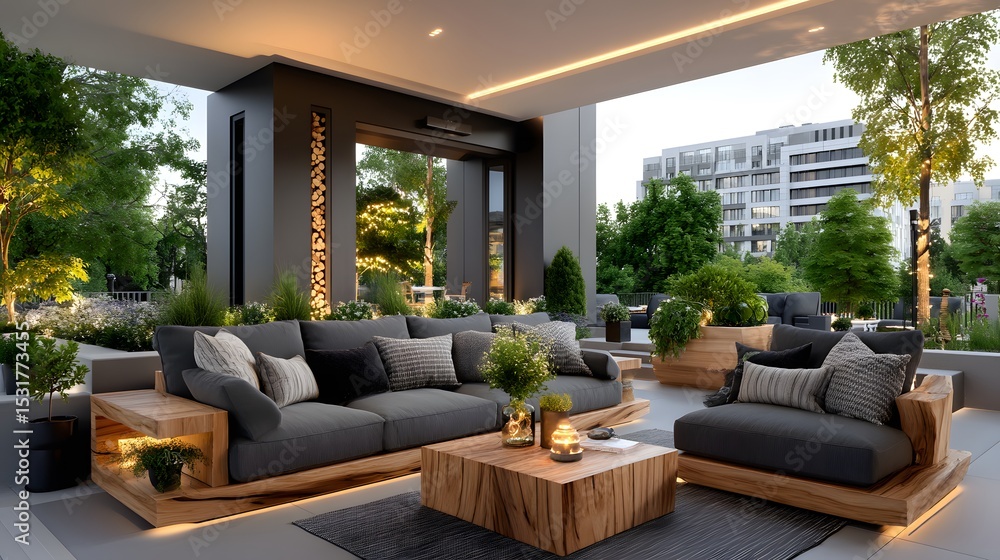 Fototapeta premium Elegant patio seating under ceiling lights high resolution photo