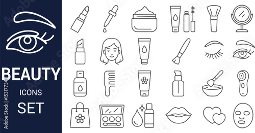 Collection of Beauty Icons Makeup, Skincare, and Tools Line Art Set