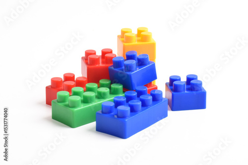 Colorful Plastic toy blocks isolated on white background. Building Blocks