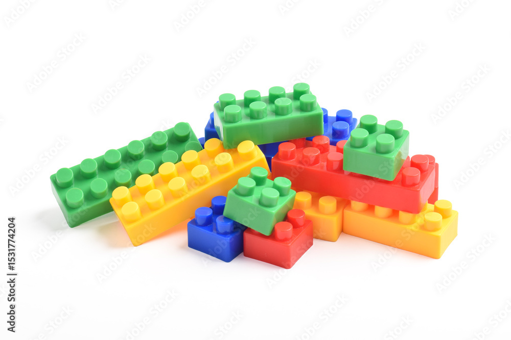 Naklejka premium Colorful Plastic toy blocks isolated on white background. Building Blocks