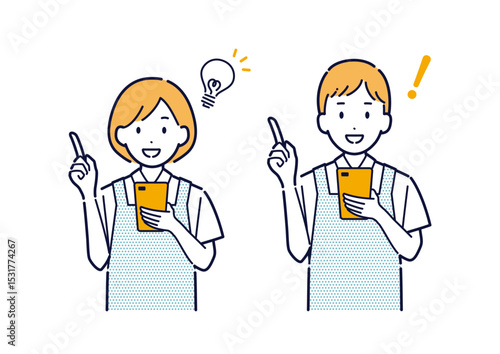 スマホを持って案内をするエプロンを着た男女のイラスト