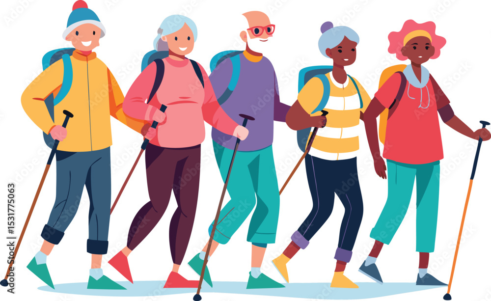 Obraz premium Diverse group of senior hikers enjoying outdoor adventure together in nature