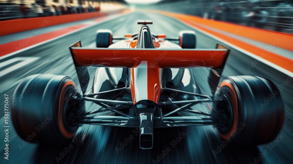 Naklejka premium close up, Formula One race car, coming towards us, racing, clear front view, tail end slightly blurred, detailed, vibrant colors, black, red, orange, white, dynamic composition