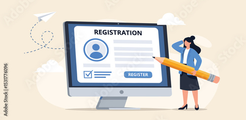 Register new user account, registration form or submission, sign up information online, apply new job or membership, self service concept, businesswoman with pencil complete online registration form