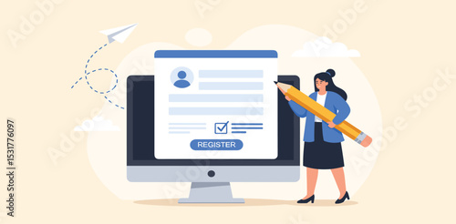 Register new user account, registration form or submission, sign up information online, apply new job or membership, self service concept, businesswoman with pencil complete online registration form