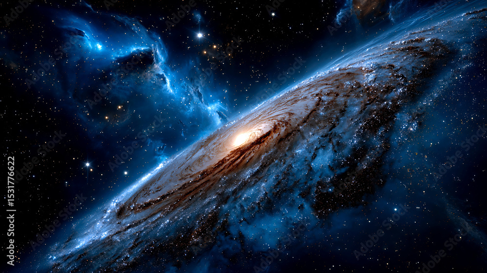 Fototapeta premium A magnificent spiral galaxy captivates with its glowing center and swirling arms, adorned with countless stars amidst the vastness of space, inspiring awe in every viewer.