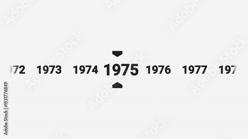 Horizontal timeline animation scrolling smoothly to the year 1975. Ideal for history documentaries, educational videos, or year-based content.
