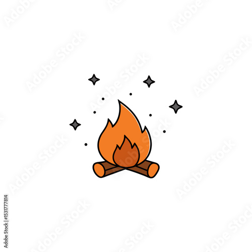realistic crackling campfire under stars on white