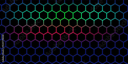 Dark gray and red horizontal hexagonal technology abstract vector background. red bright energy flashes under hexagon in futuristic modern technology wide banner. Dark gray honeycomb texture grid.