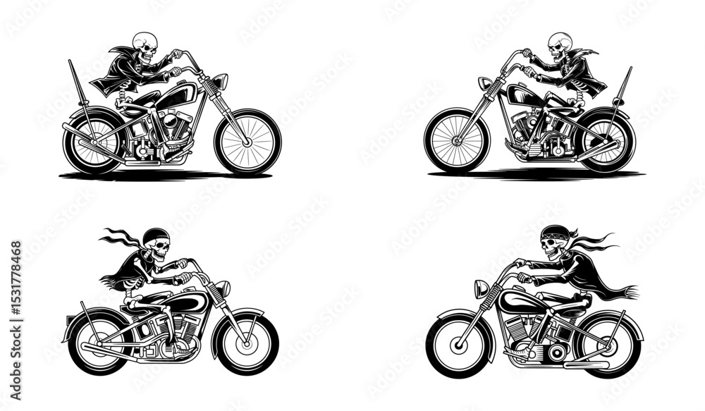 Obraz premium Set of Skeleton Bikers Riding Chopper Motorcycles in Vintage Style Vector Illustration