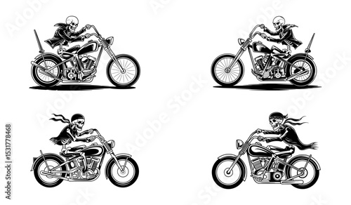 Set of Skeleton Bikers Riding Chopper Motorcycles in Vintage Style Vector Illustration