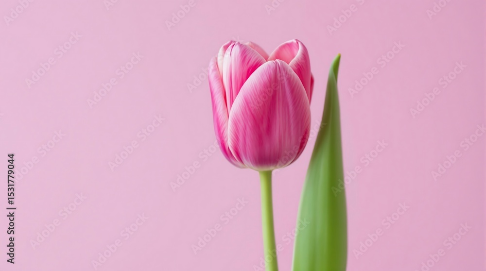 Obraz premium Close up of a single pink tulip flower with green stem and leaf against a pink background plain