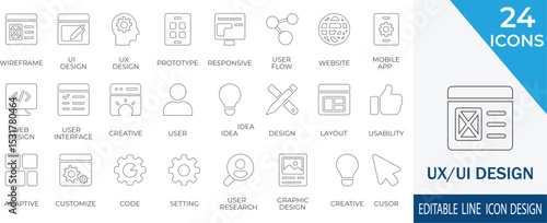 Essential line icon set for UX/UI designers featuring , prototypes, and interfaces. Perfect for illustrating user experience, mobile apps, and web design processes.