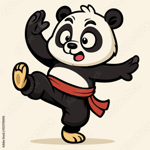 A cute, funky cartoon panda in a kung fu crane stance, wearing a red sash and black pants. Exaggerated proportions, focused yet goofy, with a clean background.