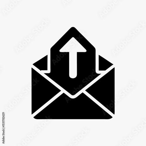 Black email send icon with envelope and upward arrow, outgoing mail symbol on white background
