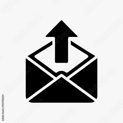 Black email send icon with envelope and upward arrow, outgoing mail symbol on white background
