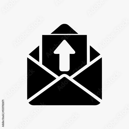 Black email send icon with envelope and upward arrow, outgoing mail symbol on white background
