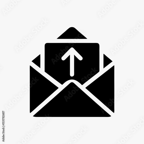 Black email send icon with envelope and upward arrow, outgoing mail symbol on white background
