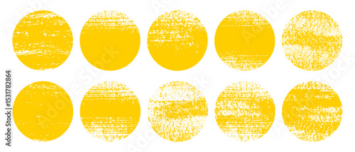 Round rough yellow sun with texture. Yellow grunge circles collection. Sun illustration with textured on white background. Brush sun rough.