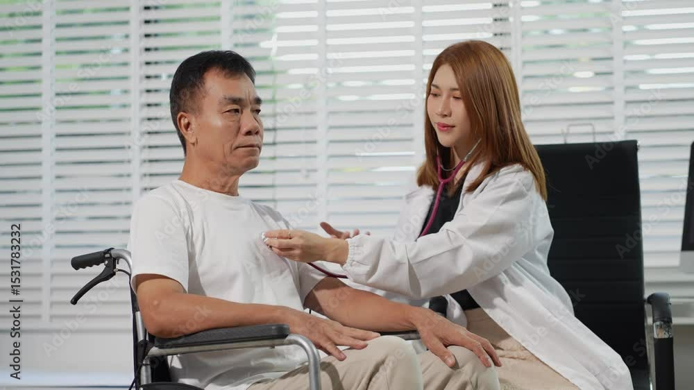 Doctor with stethoscope examining elderly patient with examination, presenting symptoms and recommending treatment, healthcare and medical concept. Doctor with stethoscope examining elderly patient with examination, presenting symptoms and recommending treatment, healthcare and medical concept.