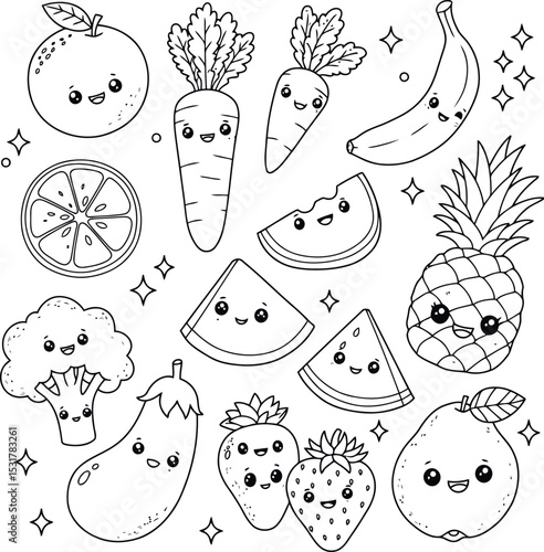 A cheerful collection of cute kawaii food characters for coloring. This page includes happy fruits and veggies like an orange, carrots, a banana, a pineapple, broccoli, and strawberries. Ready for kid