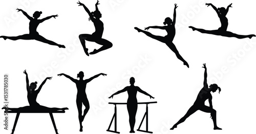 Silhouette of female gymnasts performing artistic gymnastics, balance beam, and dance poses, perfect for sports, fitness, and athletic designs.