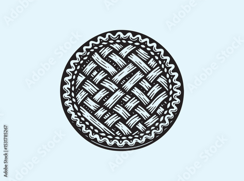 Front view solid black silhouette of a whole pie perfectly placed in a round pie tin