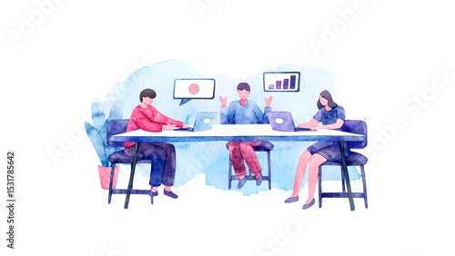 Team collaboration workshop office digital illustrations professional setting overhead view creative communication