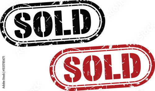 Grunge style sold stamp vector design in black and red colors depicting completed transaction