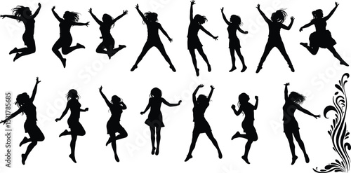 Silhouettes of jumping girls vector collection, energetic movement, happy women in motion, dance pose clipart, black female shapes design art
