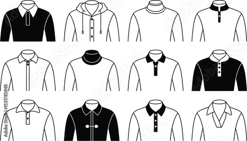 Vector illustration of various men's shirt styles and necklines in black and white outlines