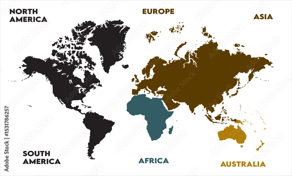 Obraz premium New modern world map, with names, Europe, Africa, Asia, Australia, North America and South America world map graphic, Countries Silhouettes Stock Illustrations, Vectors